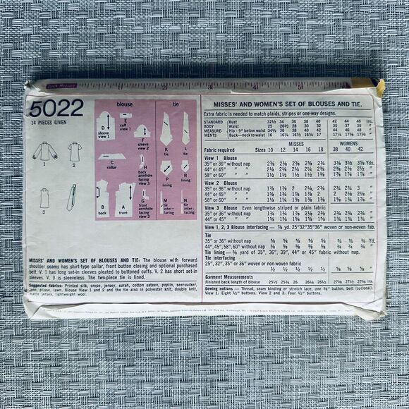 Vintage 70s Simplicity Sewing Pattern 5022 Big Collar Blouses & Tie  Size 14 CUT - Picture 2 of 2